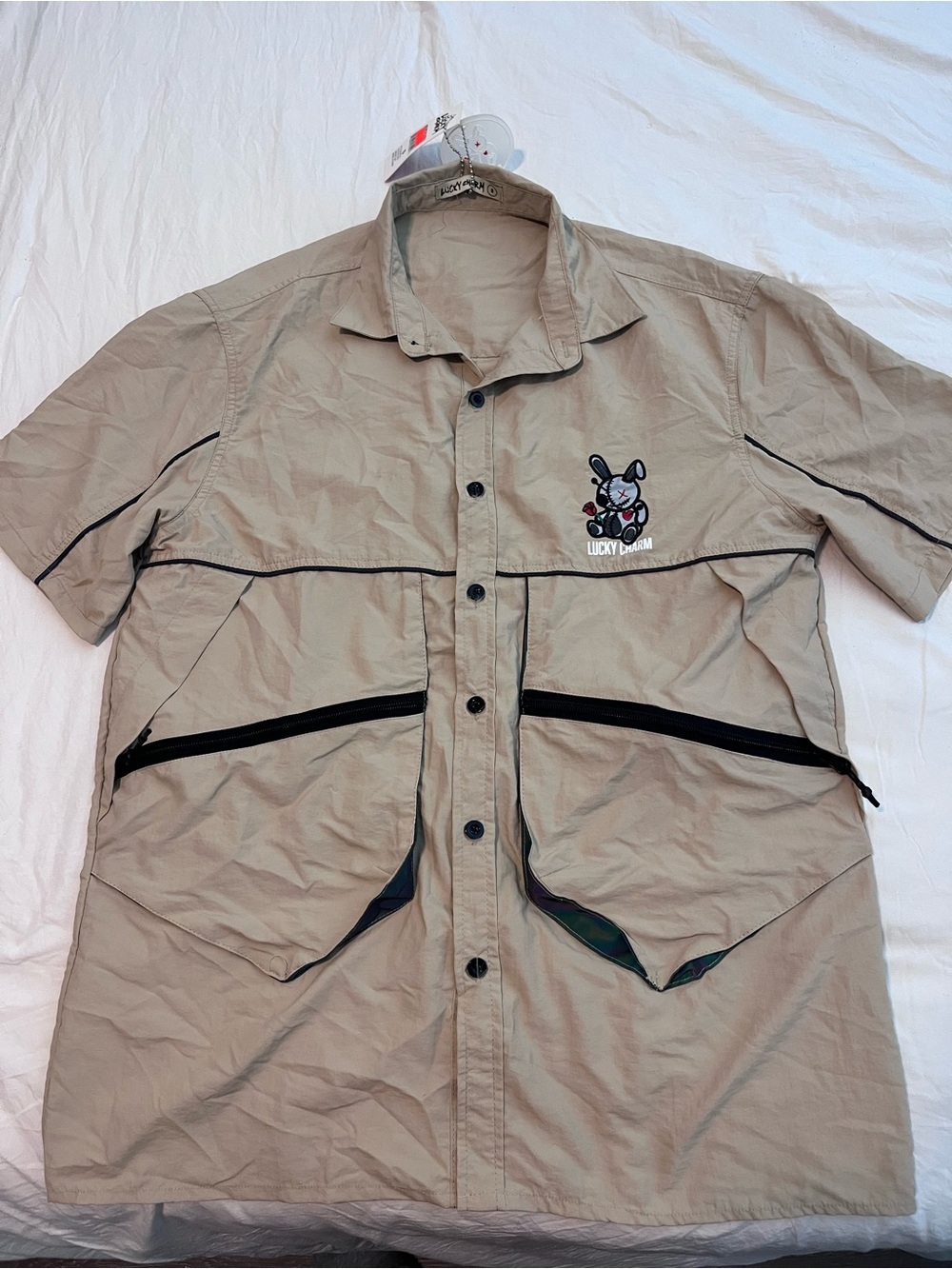 Lucky Charm Embroidered Khaki Short-Sleeve Button Shirt